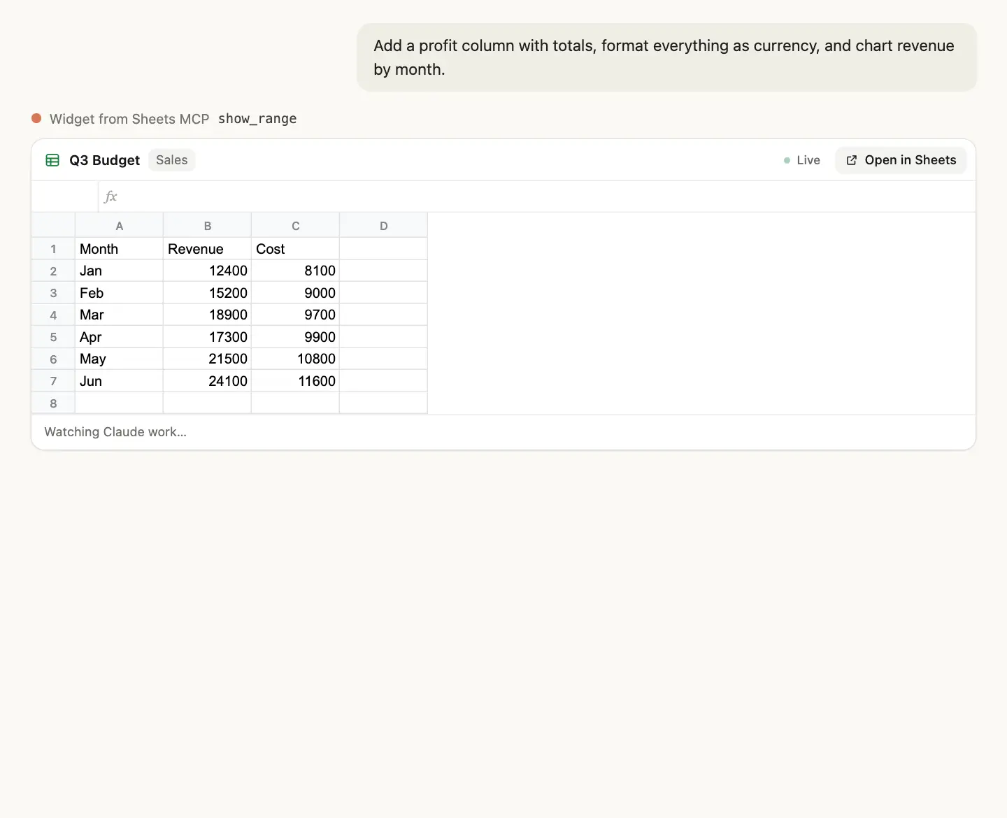 Claude adds a profit column, totals, currency formatting and a chart while a live preview of the sheet updates in the chat